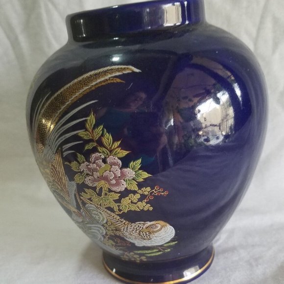 VTG JAPAN Cobalt Blue & Gold Pheasant Porcelain Ginger Jar Vase 6" - Picture 4 of 8